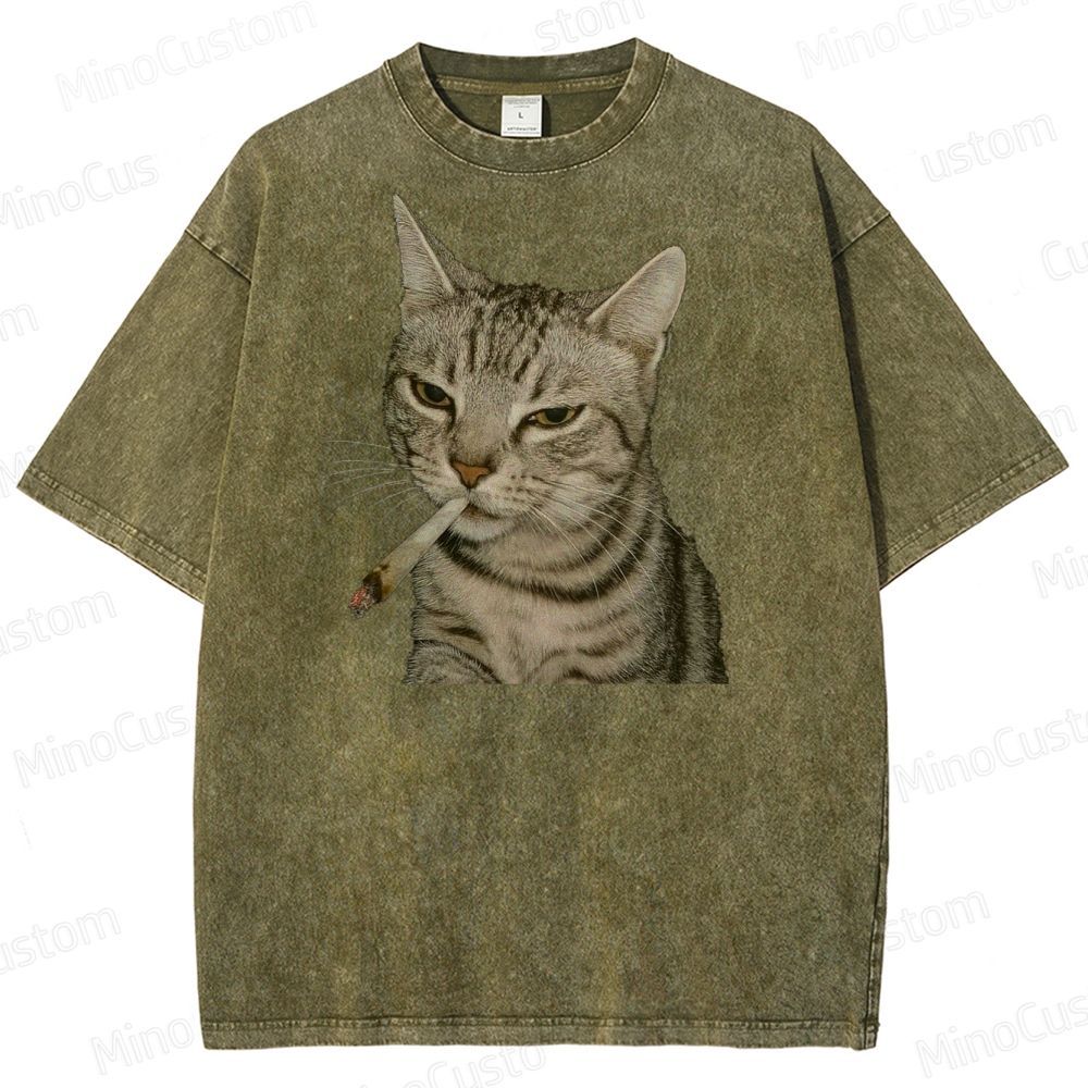 Cool Cat Smoking Vintage Washed Graphic T - shirt