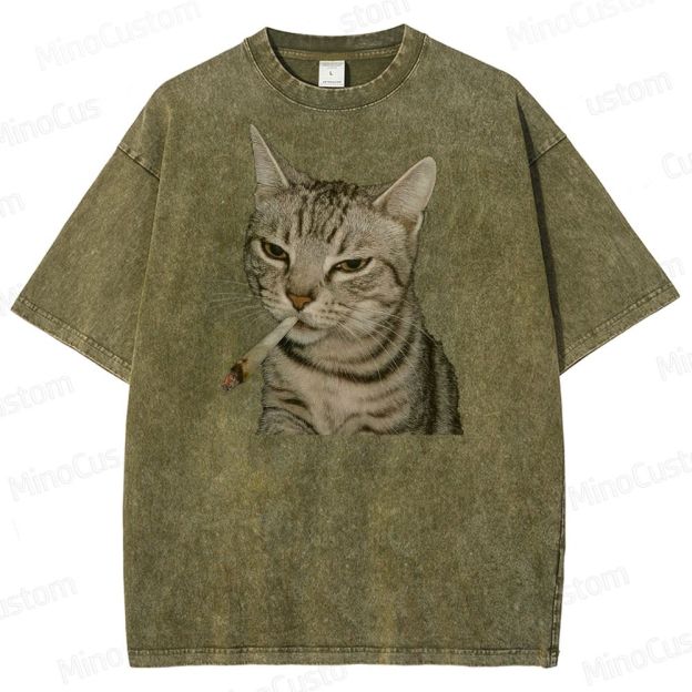 Cool Cat Smoking Vintage Washed Graphic T - shirt