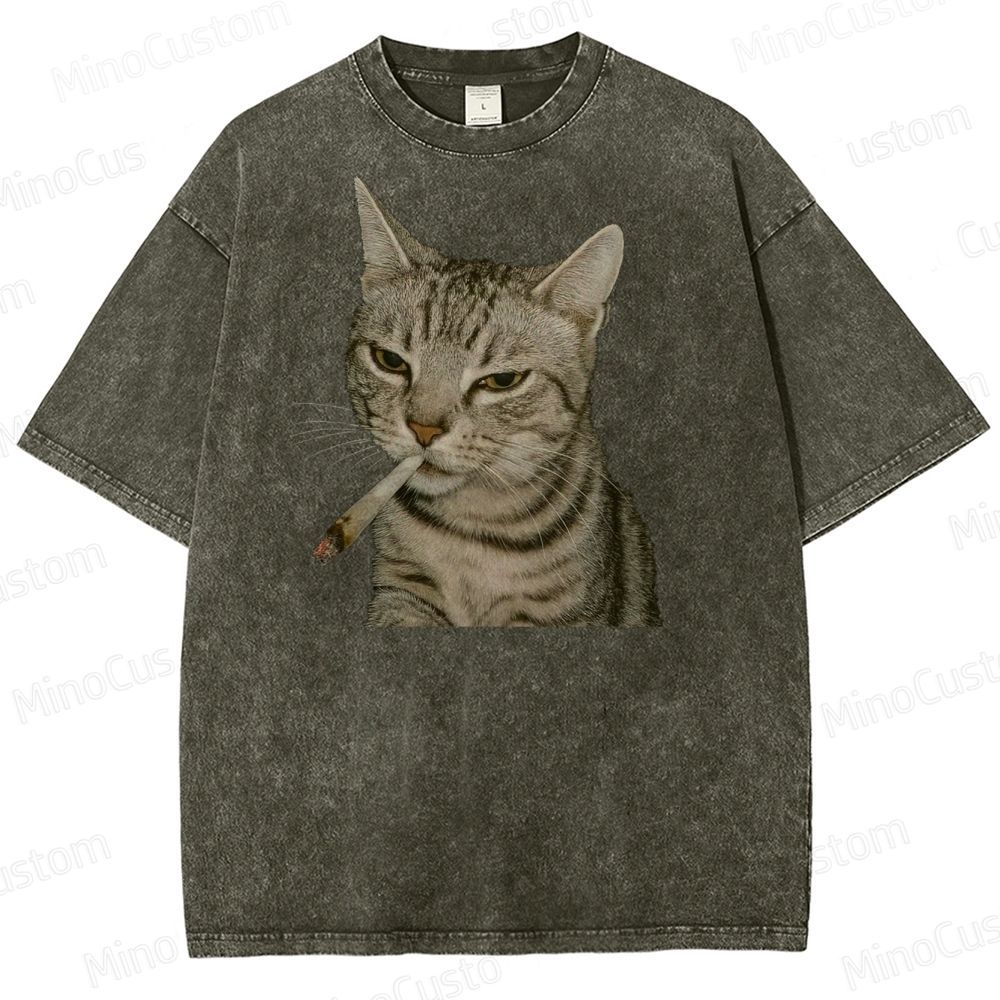 Cool Cat Smoking Vintage Washed Graphic T - shirt