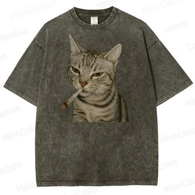Cool Cat Smoking Vintage Washed Graphic T - shirt