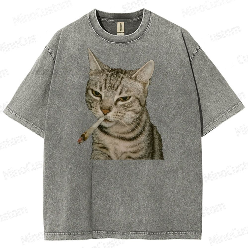 Cool Cat Smoking Vintage Washed Graphic T - shirt