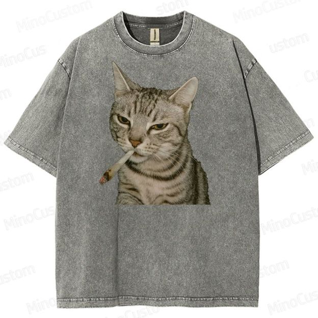 Cool Cat Smoking Vintage Washed Graphic T - shirt
