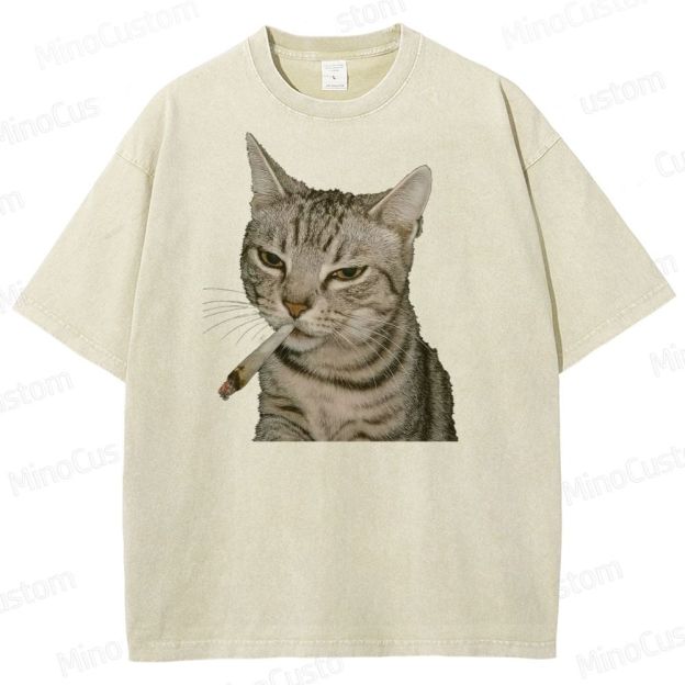 Cool Cat Smoking Vintage Washed Graphic T - shirt