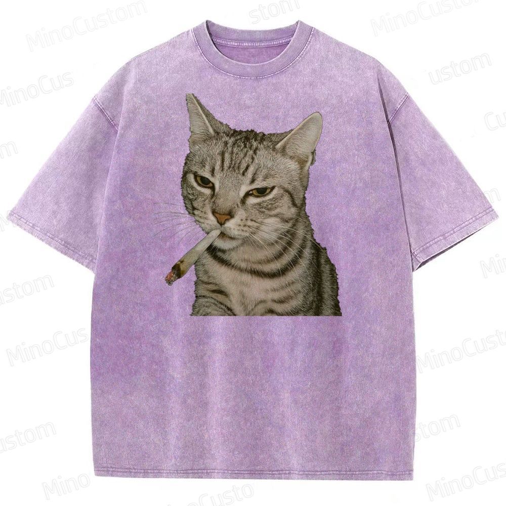 Cool Cat Smoking Vintage Washed Graphic T - shirt