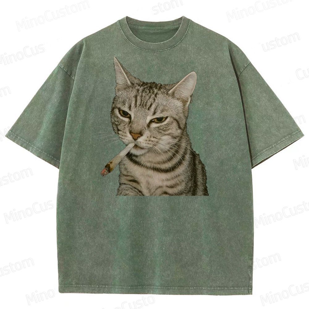 Cool Cat Smoking Vintage Washed Graphic T - shirt