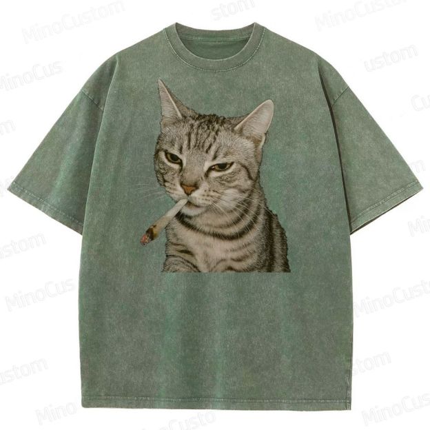 Cool Cat Smoking Vintage Washed Graphic T - shirt