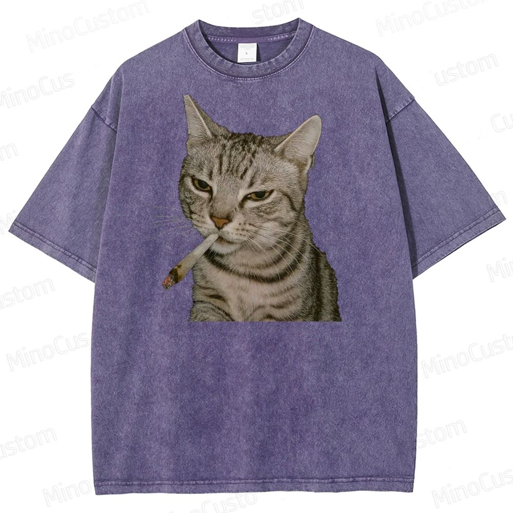 Cool Cat Smoking Vintage Washed Graphic T - shirt