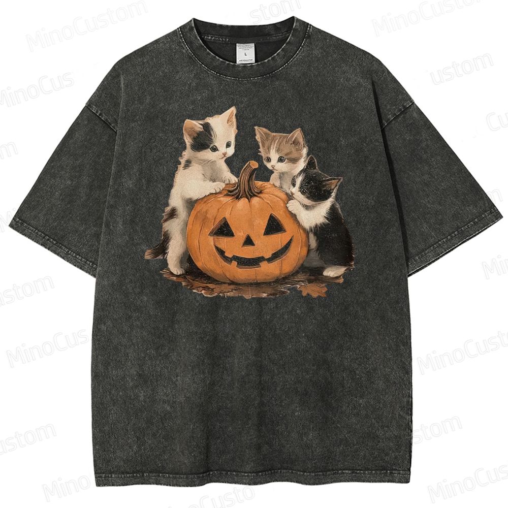 Halloween Kittens & Pumpkin Vintage Washed Graphic T - shirt