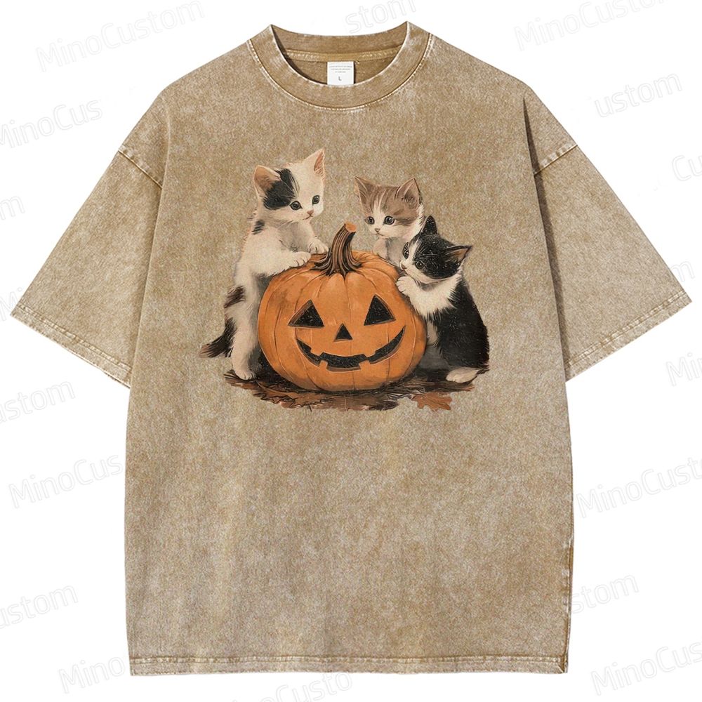 Halloween Kittens & Pumpkin Vintage Washed Graphic T - shirt