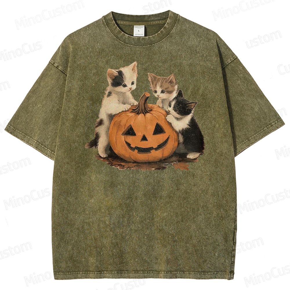 Halloween Kittens & Pumpkin Vintage Washed Graphic T - shirt