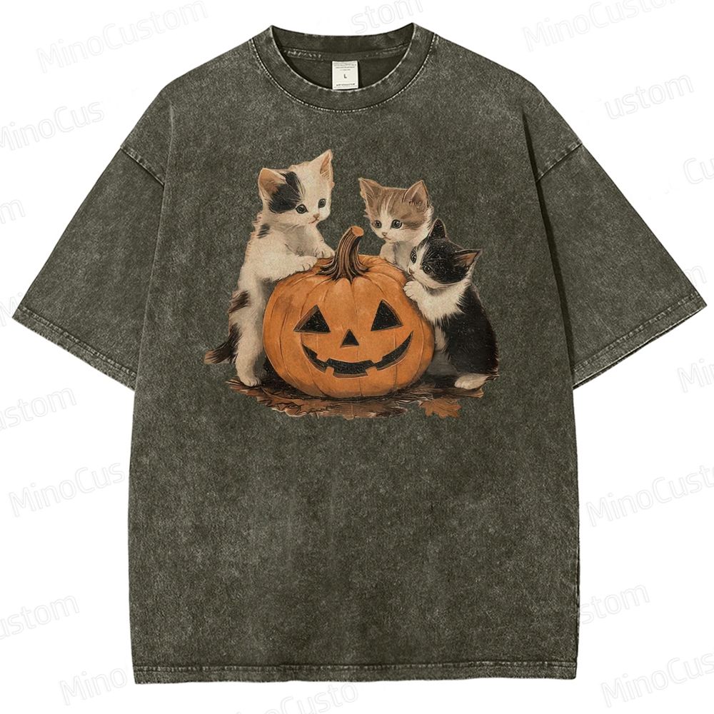 Halloween Kittens & Pumpkin Vintage Washed Graphic T - shirt