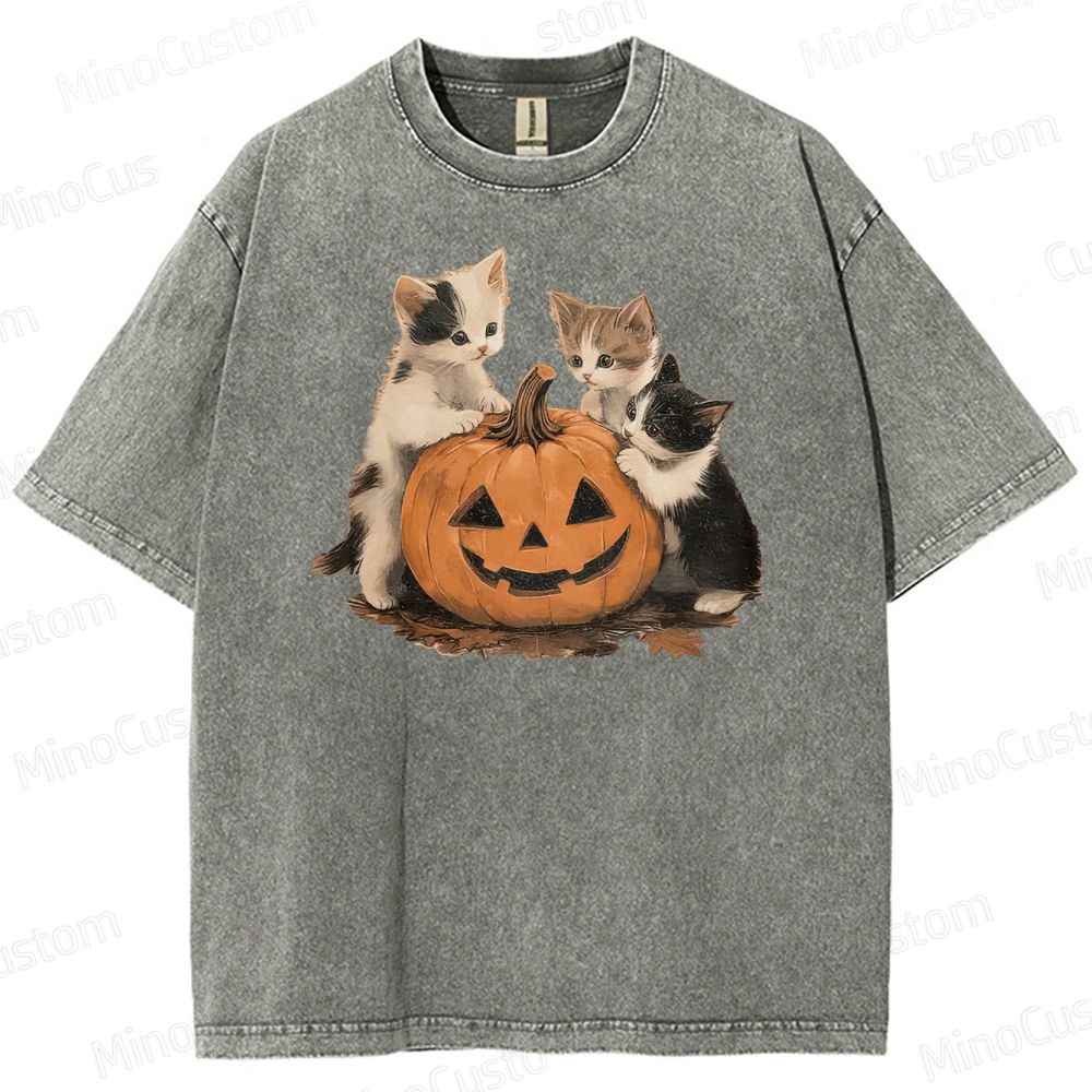 Halloween Kittens & Pumpkin Vintage Washed Graphic T - shirt