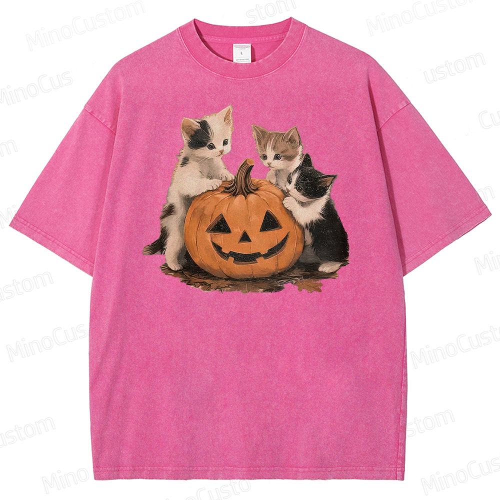 Halloween Kittens & Pumpkin Vintage Washed Graphic T - shirt