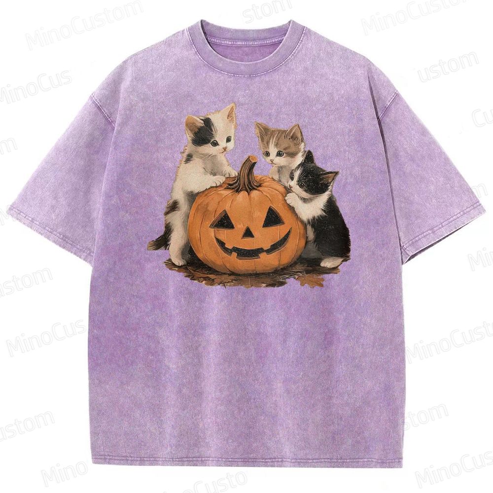 Halloween Kittens & Pumpkin Vintage Washed Graphic T - shirt