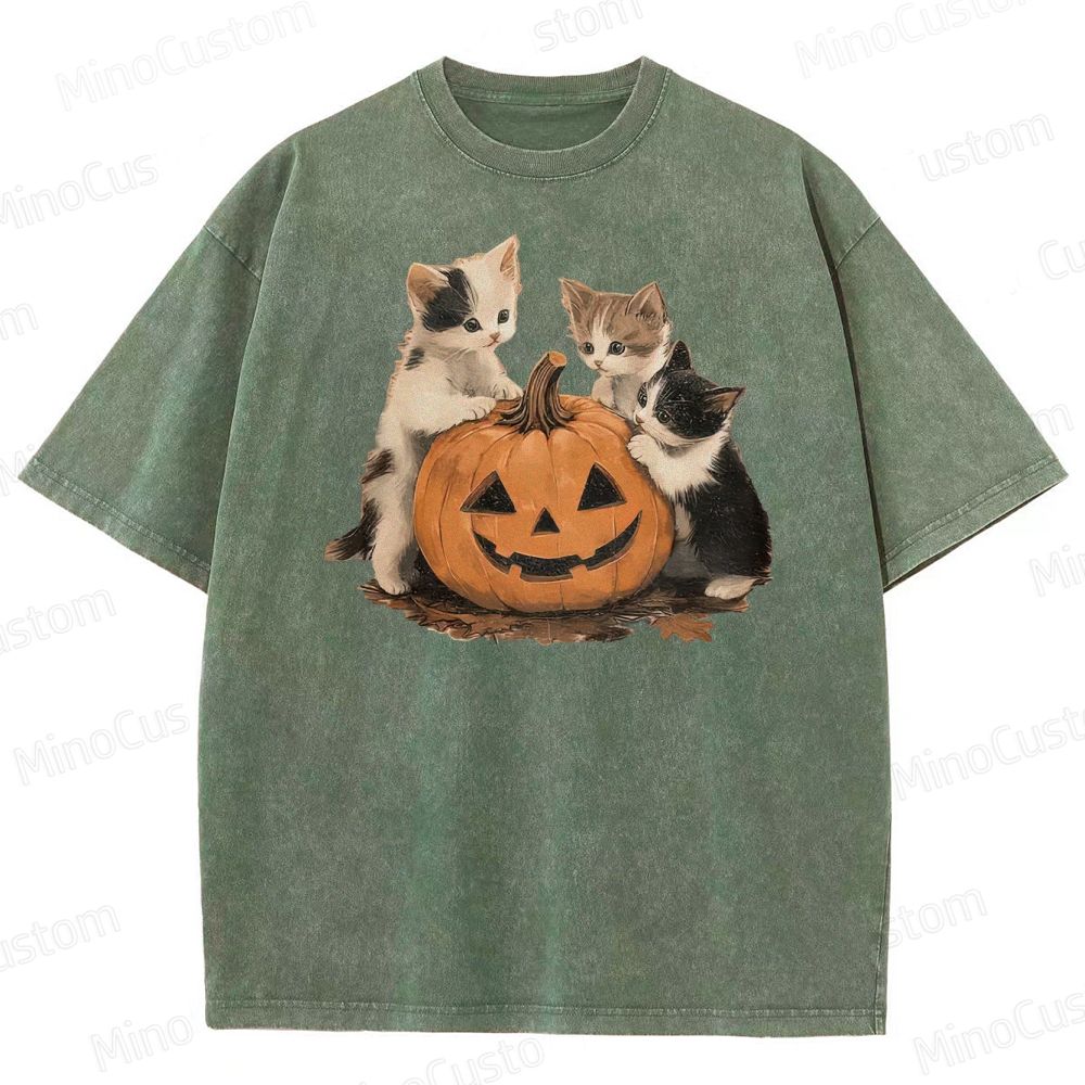 Halloween Kittens & Pumpkin Vintage Washed Graphic T - shirt