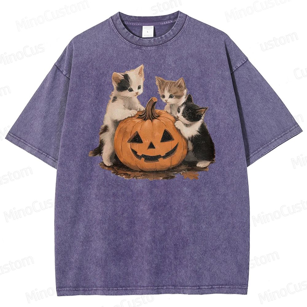 Halloween Kittens & Pumpkin Vintage Washed Graphic T - shirt