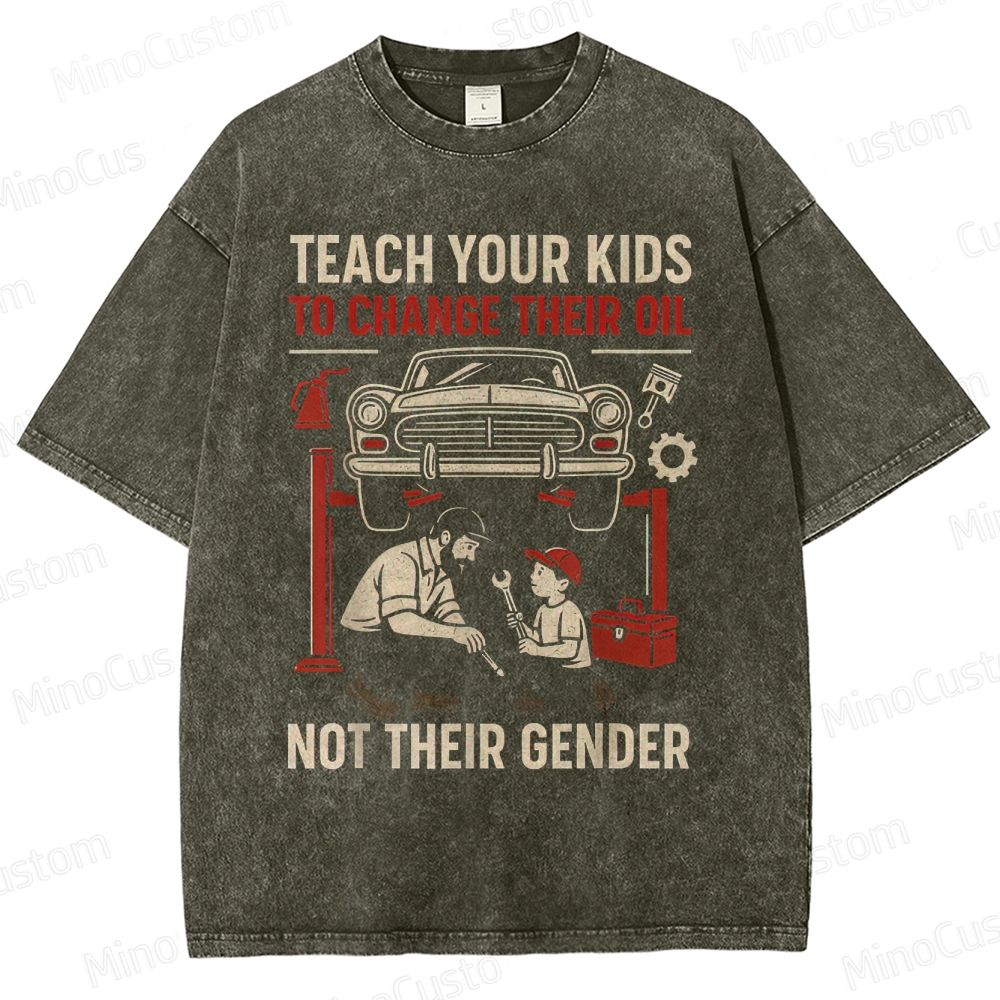 Teach Kids Oil Change Vintage Washed Graphic T - shirt