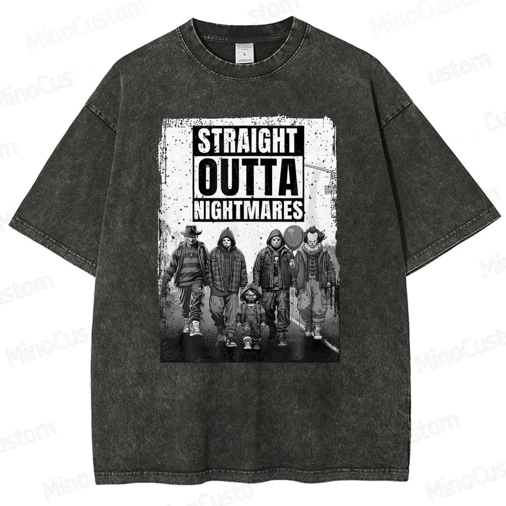 "Straight Outta Nightmares" Horror Icons Vintage Washed T - shirt