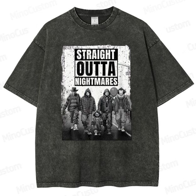 "Straight Outta Nightmares" Horror Icons Vintage Washed T - shirt