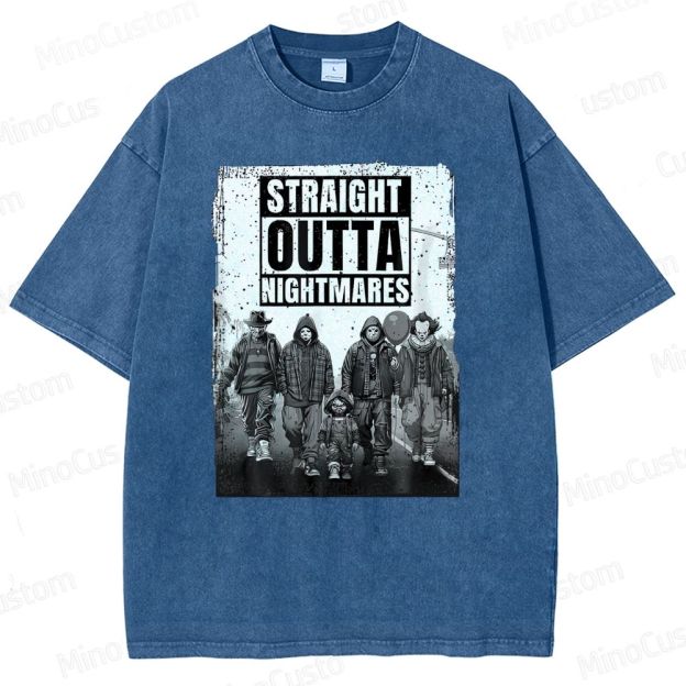 "Straight Outta Nightmares" Horror Icons Vintage Washed T - shirt