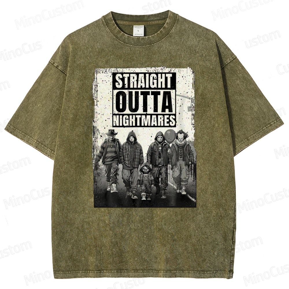 "Straight Outta Nightmares" Horror Icons Vintage Washed T - shirt