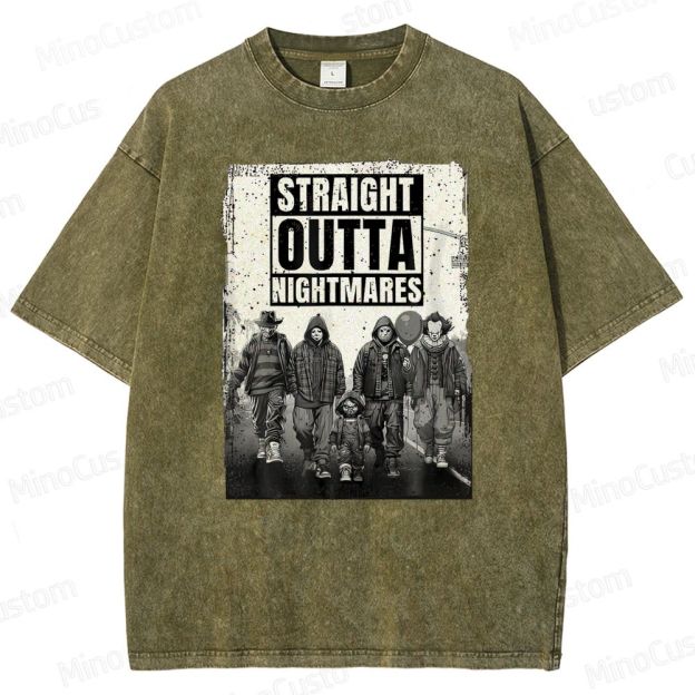 "Straight Outta Nightmares" Horror Icons Vintage Washed T - shirt