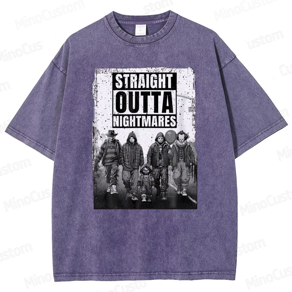 "Straight Outta Nightmares" Horror Icons Vintage Washed T - shirt