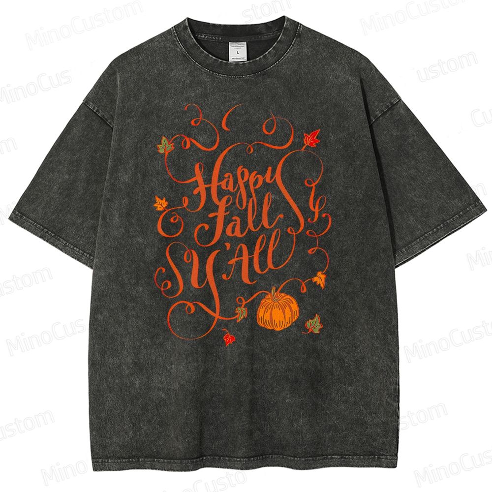 "Happy Fall Y'all" Vintage Washed Autumn Graphic T - shirt