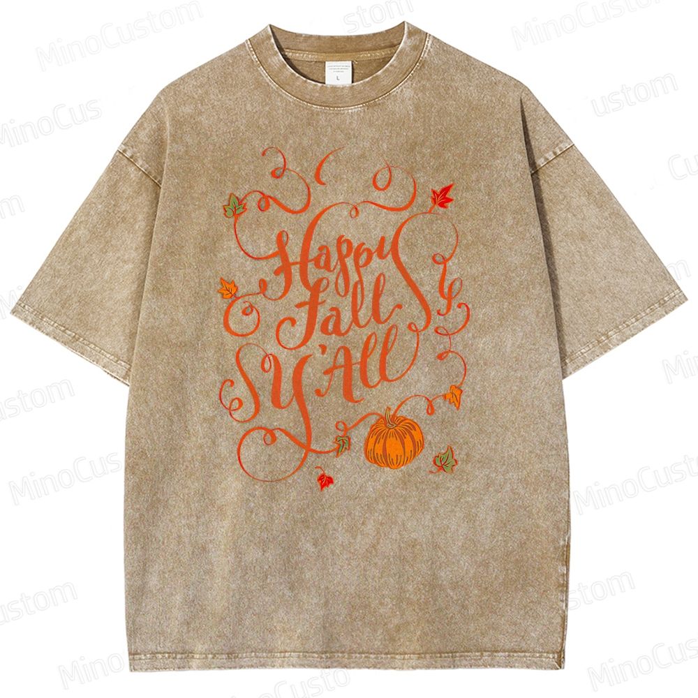 "Happy Fall Y'all" Vintage Washed Autumn Graphic T - shirt