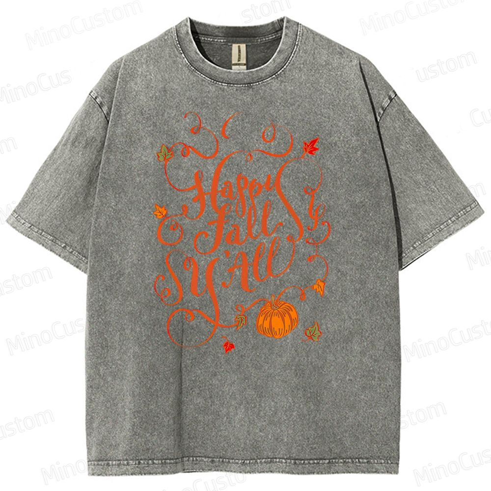 "Happy Fall Y'all" Vintage Washed Autumn Graphic T - shirt