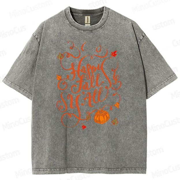 "Happy Fall Y'all" Vintage Washed Autumn Graphic T - shirt