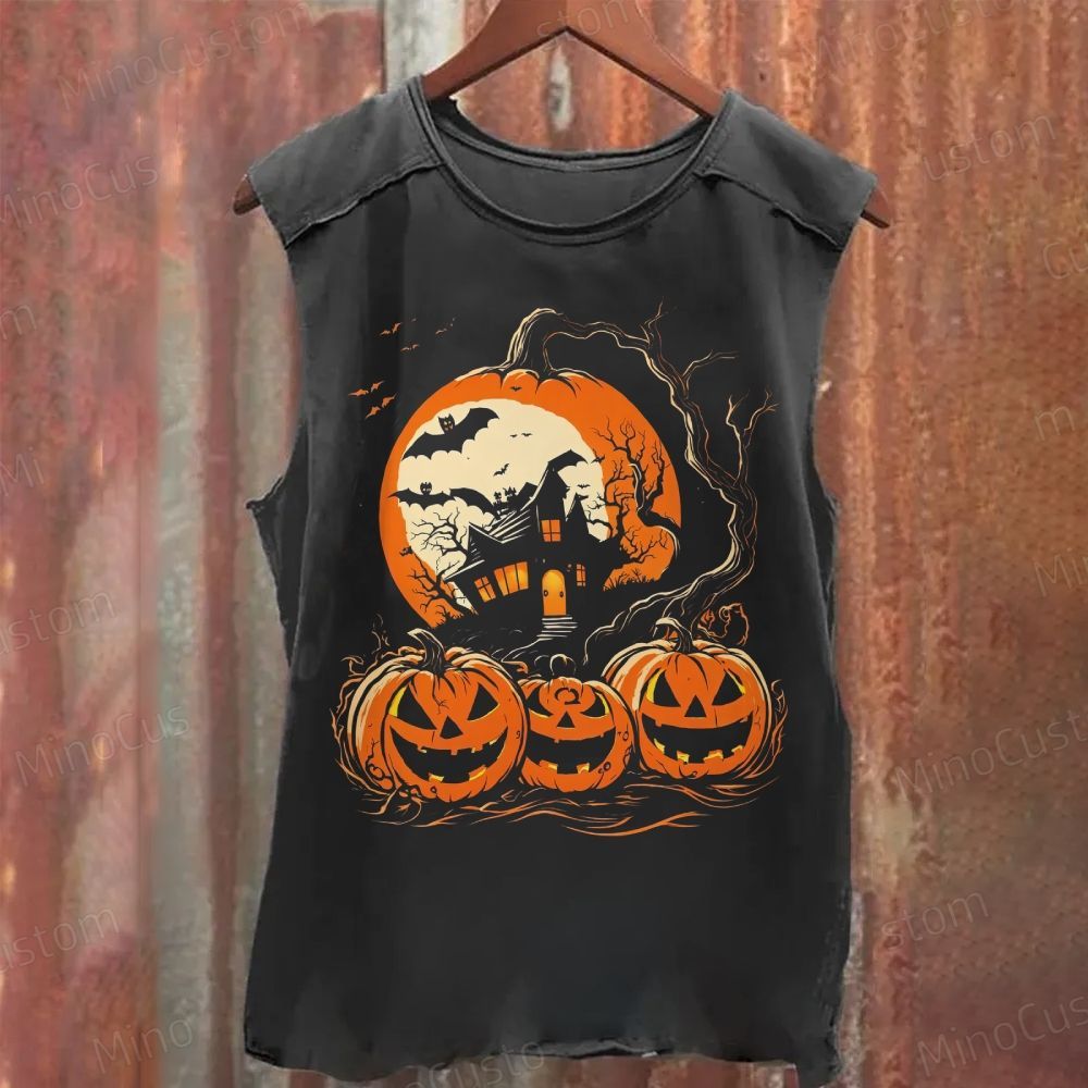 Halloween Haunted House & Pumpkins Vintage Washed Tank Top