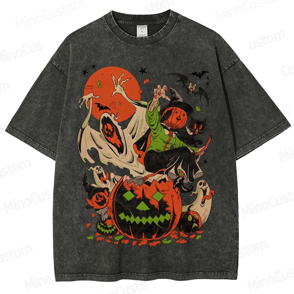 Vintage Halloween Witch Ghost Pumpkin T - Shirt