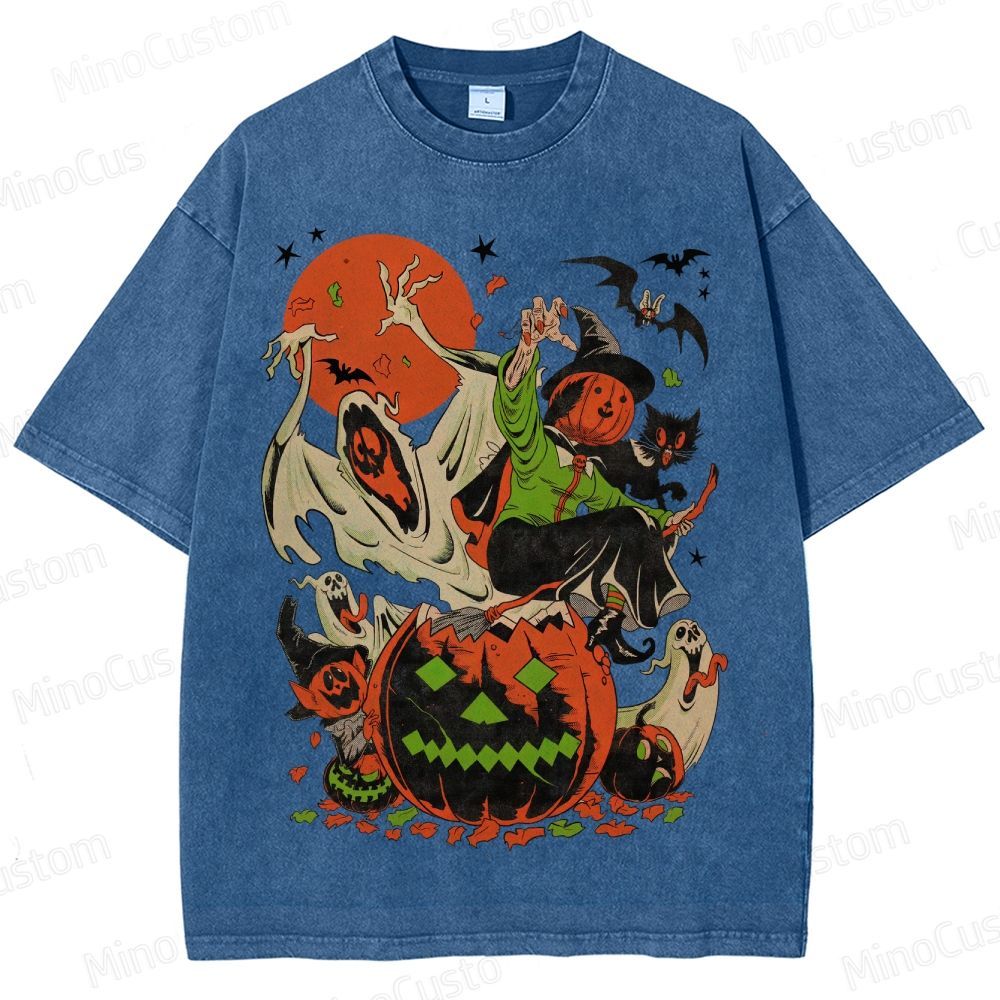 Vintage Halloween Witch Ghost Pumpkin T - Shirt