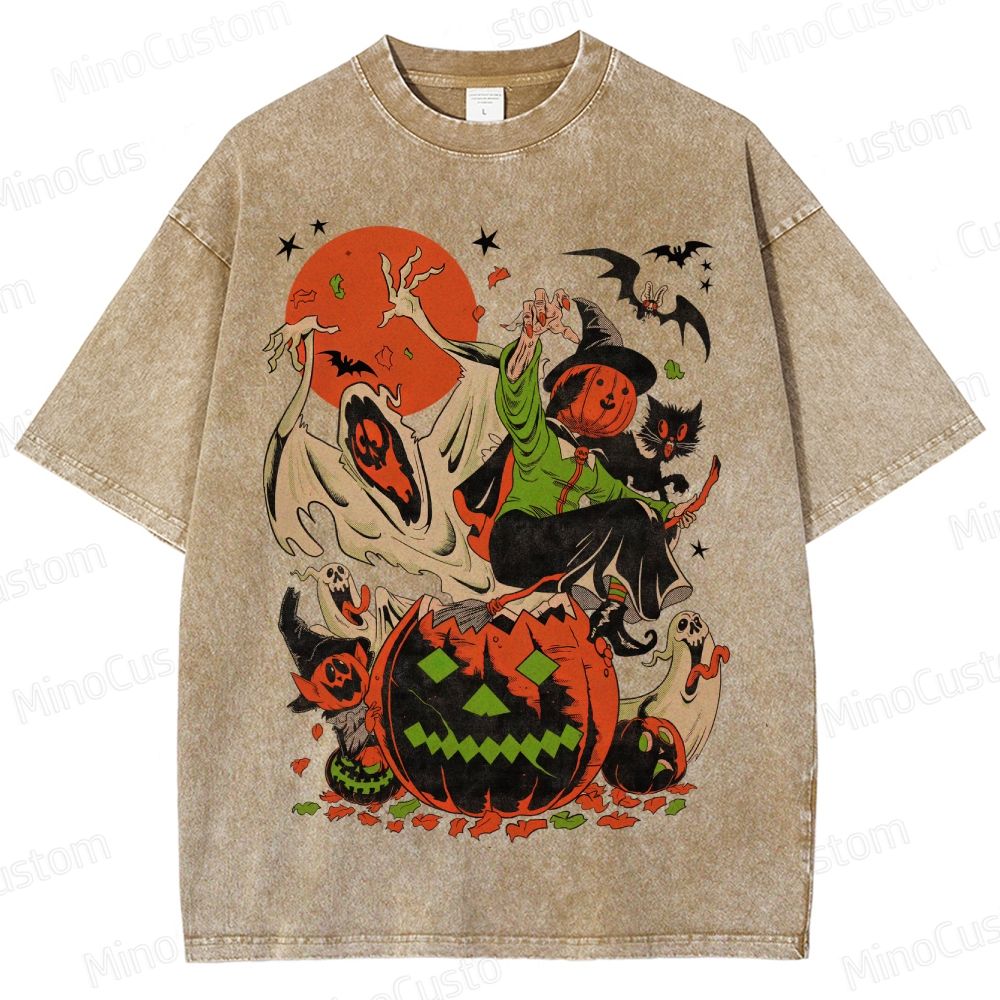 Vintage Halloween Witch Ghost Pumpkin T - Shirt