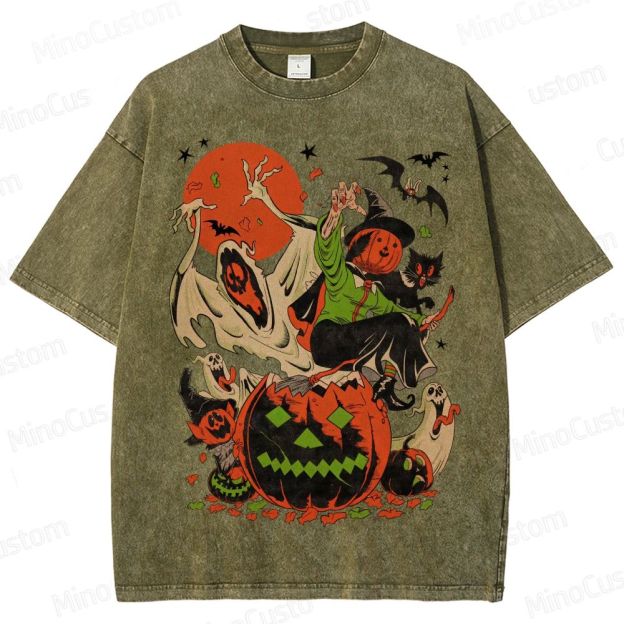 Vintage Halloween Witch Ghost Pumpkin T - Shirt