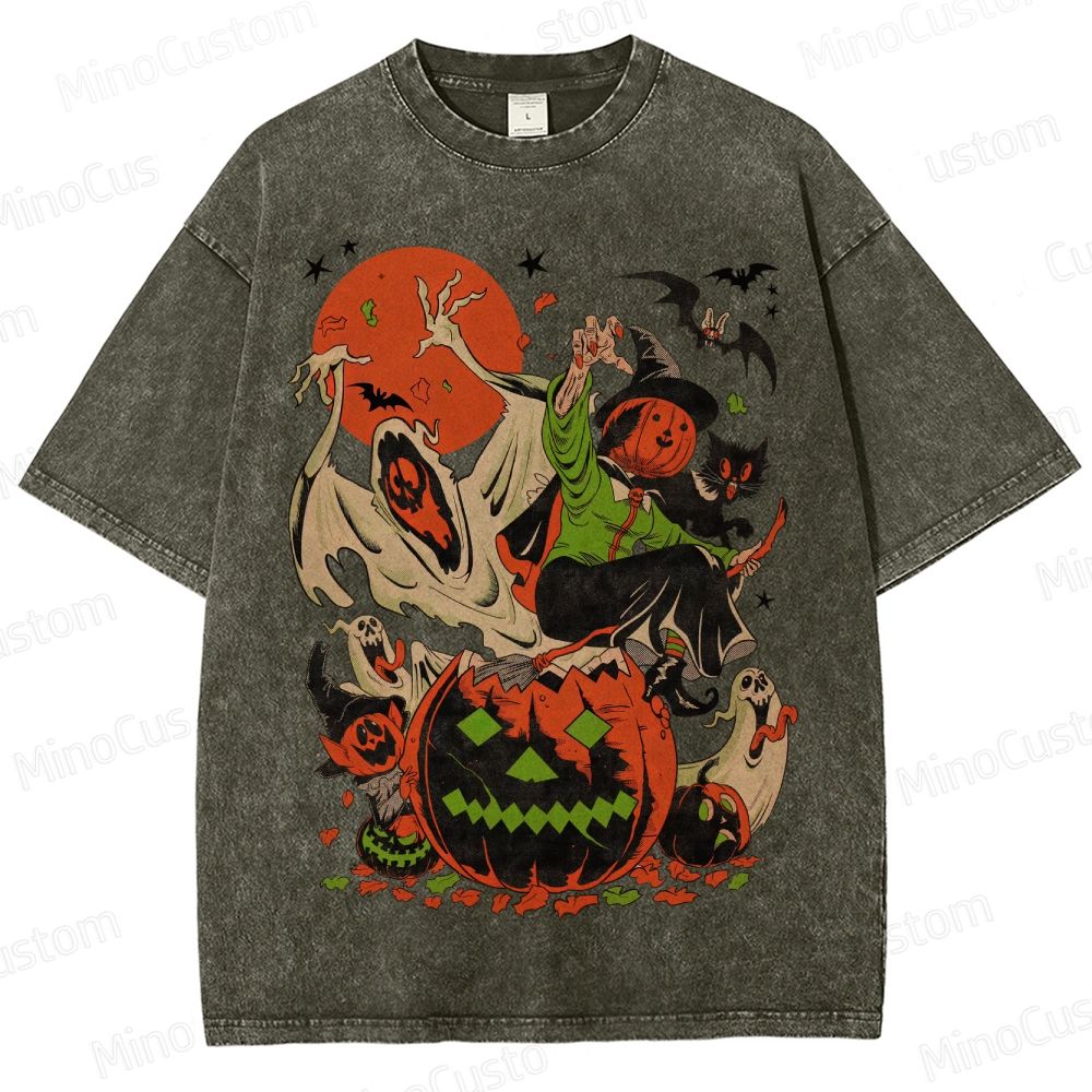 Vintage Halloween Witch Ghost Pumpkin T - Shirt