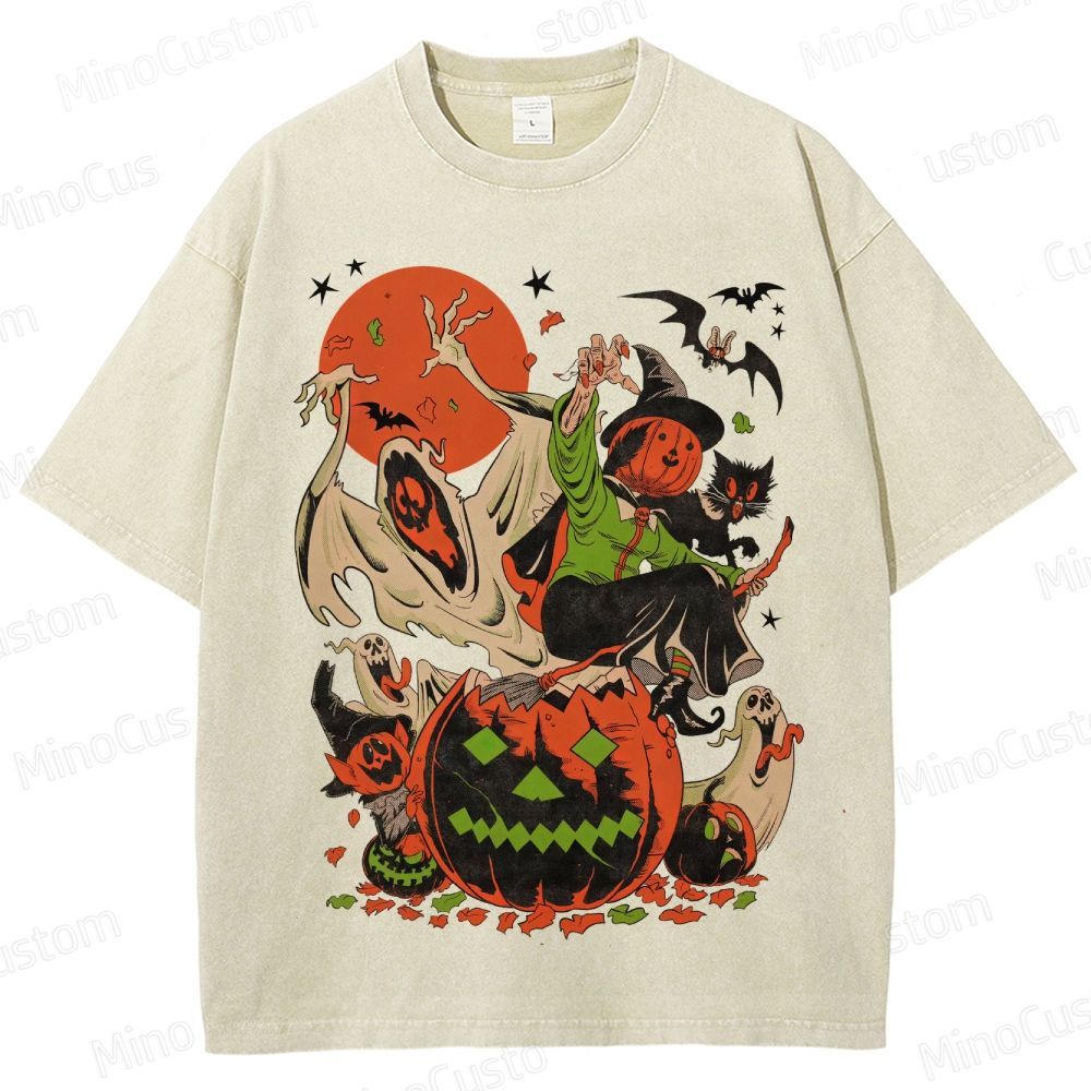 Vintage Halloween Witch Ghost Pumpkin T - Shirt