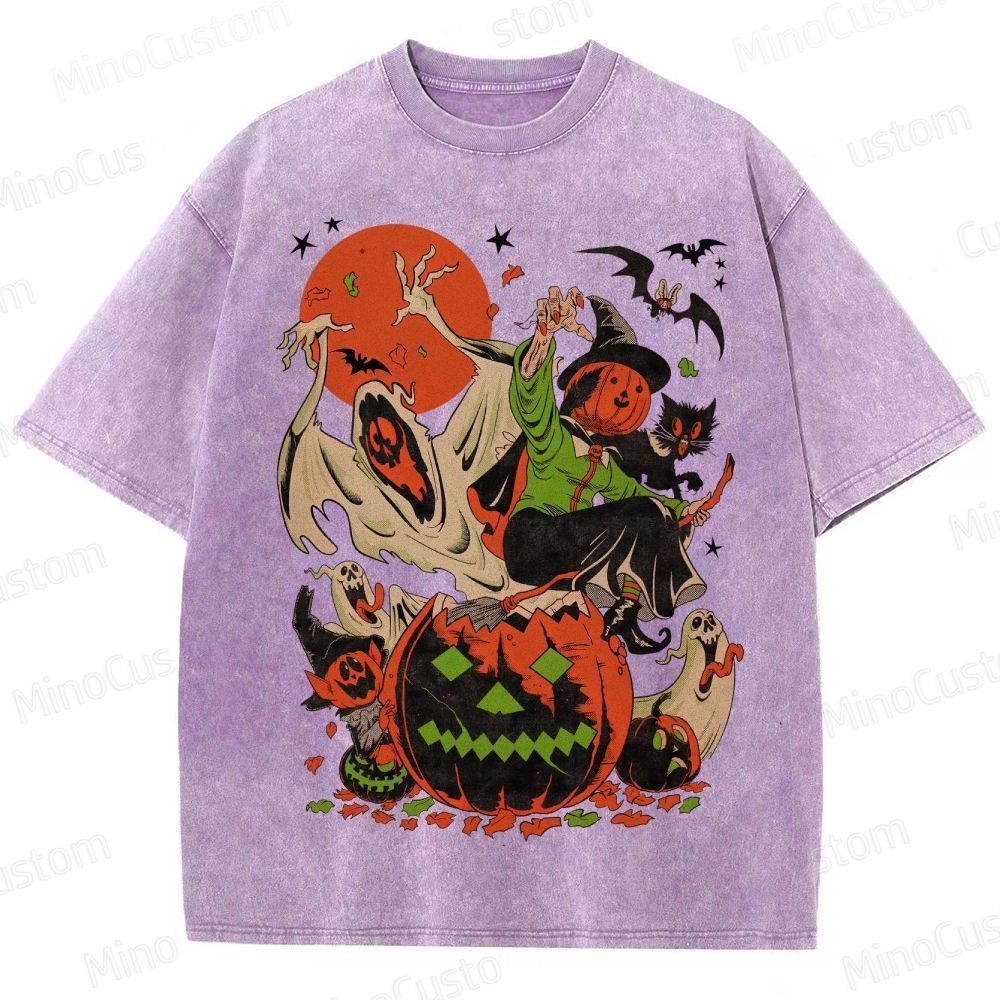 Vintage Halloween Witch Ghost Pumpkin T - Shirt