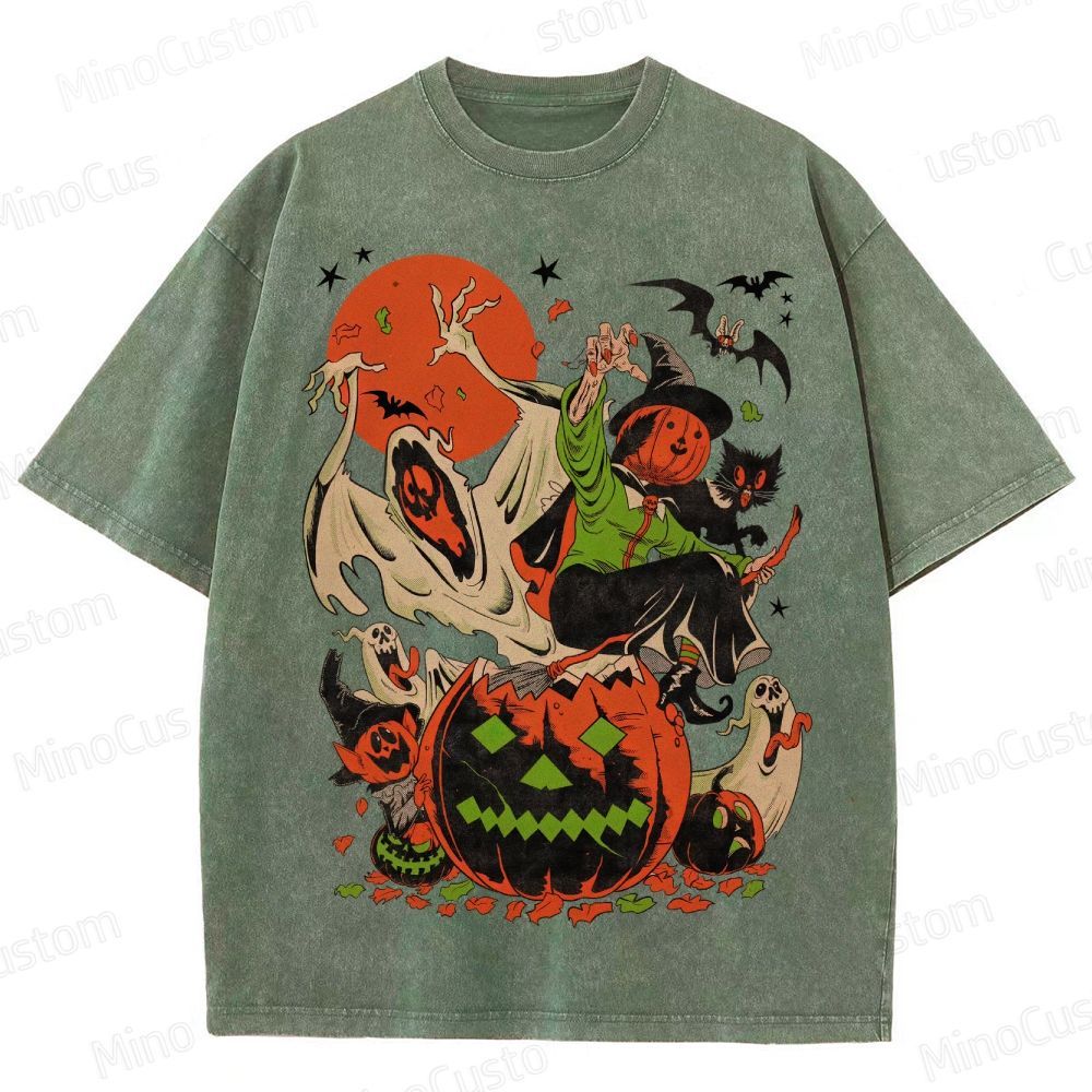 Vintage Halloween Witch Ghost Pumpkin T - Shirt
