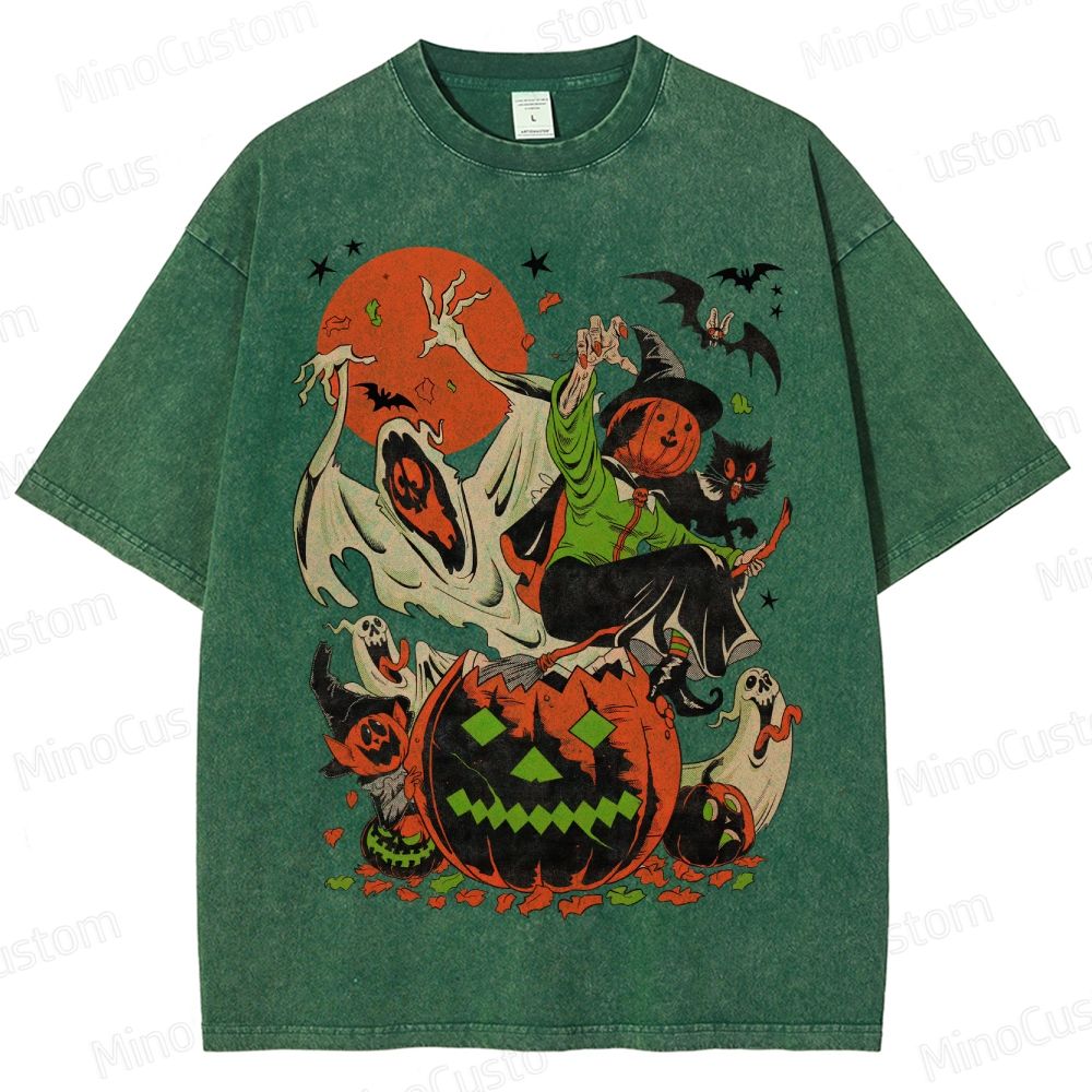 Vintage Halloween Witch Ghost Pumpkin T - Shirt