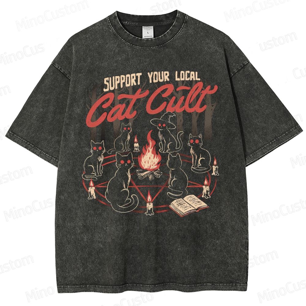 Support Your Local Cat Cult Vintage Washed Graphic T - Shirt