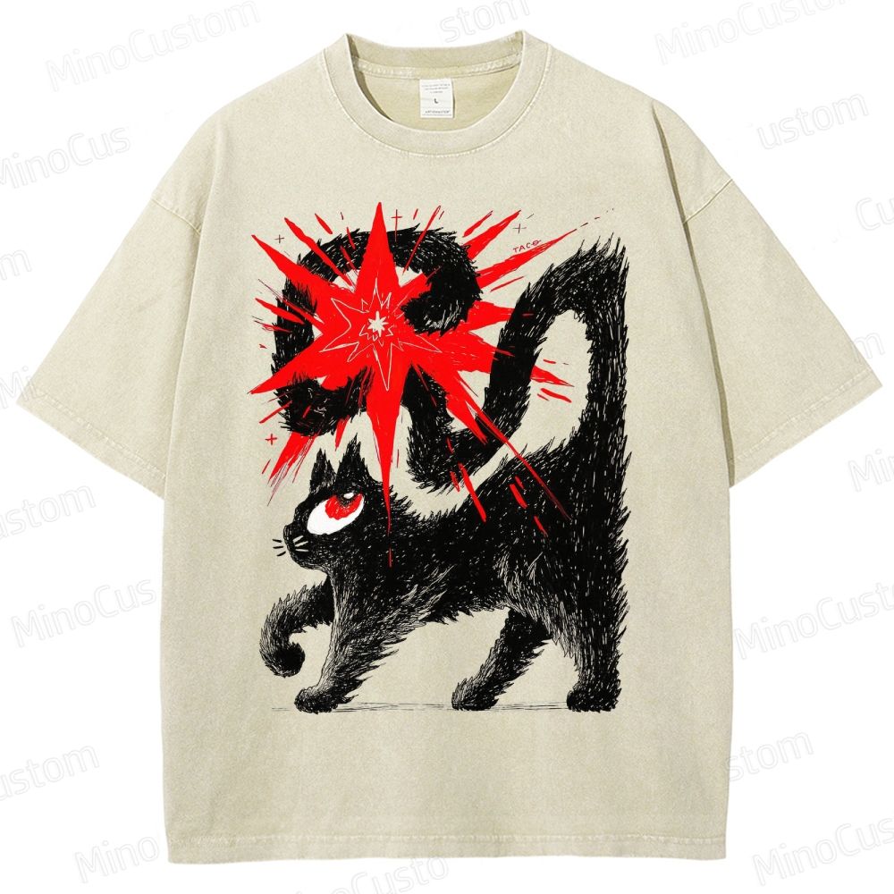 Artistic Black Cat Graphic Vintage Washed T - Shirt
