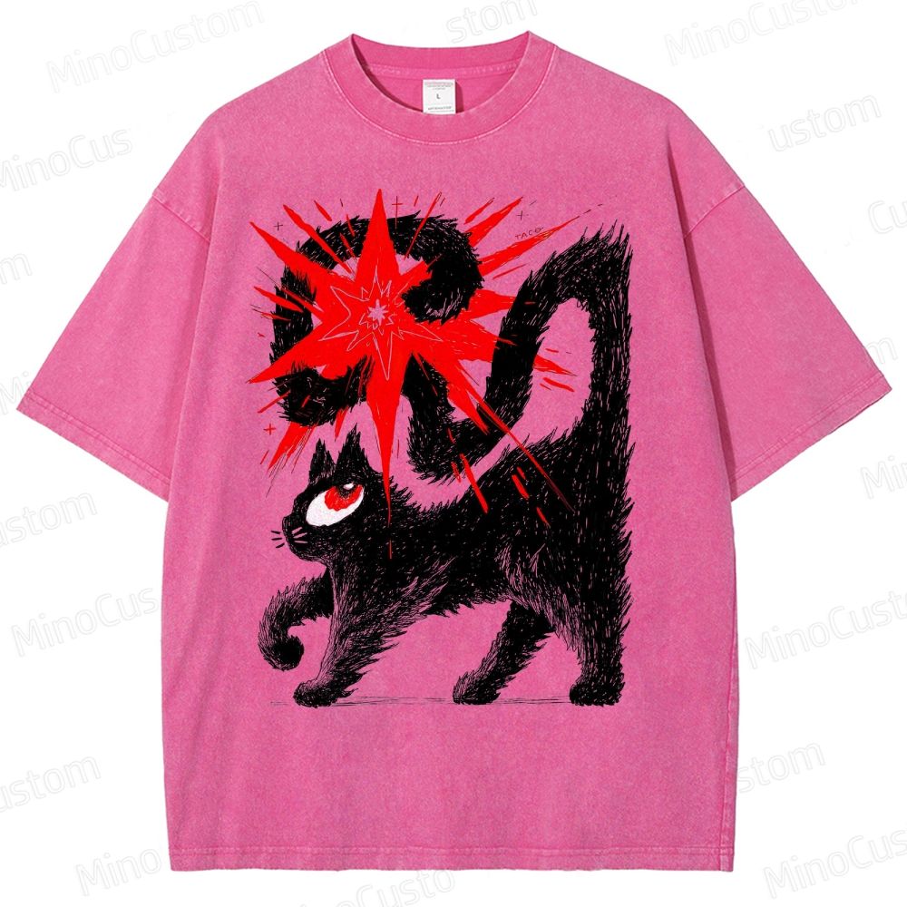 Artistic Black Cat Graphic Vintage Washed T - Shirt
