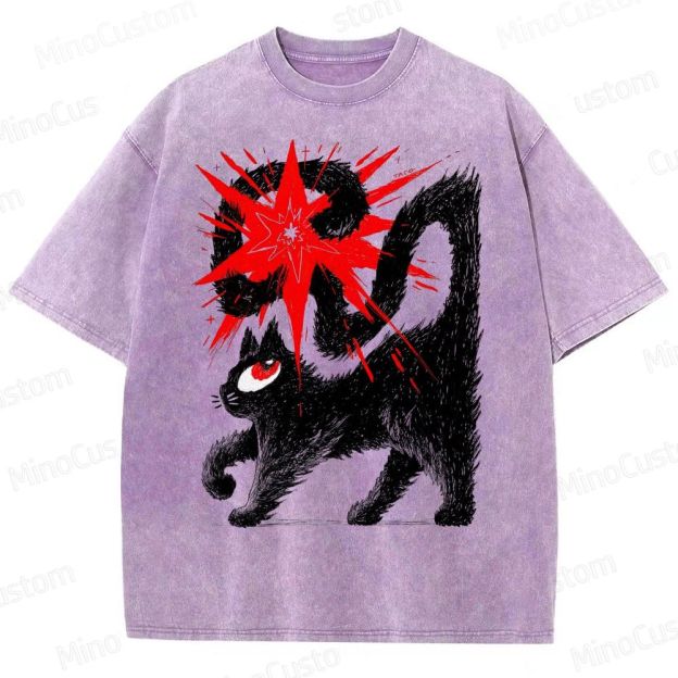 Artistic Black Cat Graphic Vintage Washed T - Shirt