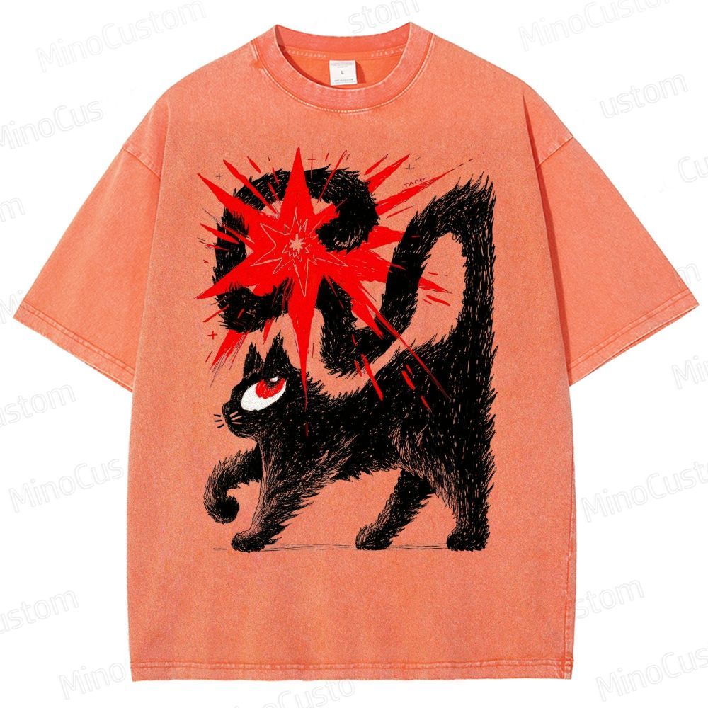 Artistic Black Cat Graphic Vintage Washed T - Shirt