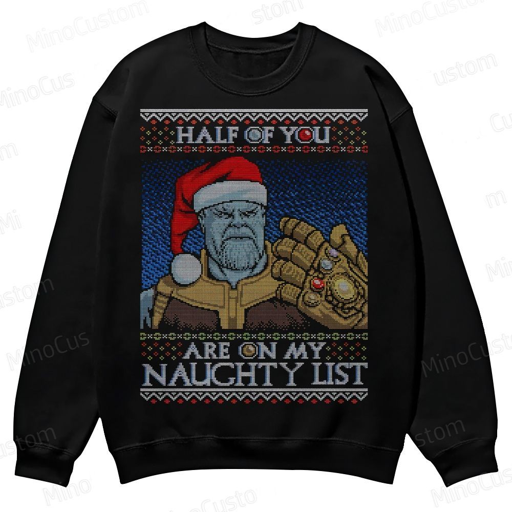 Infinity Gauntlet Holiday Graphic with Naughty List Quote Casual Crewneck Sweatshirt 