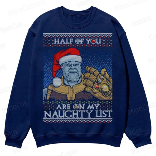 Infinity Gauntlet Holiday Graphic with Naughty List Quote Casual Crewneck Sweatshirt 