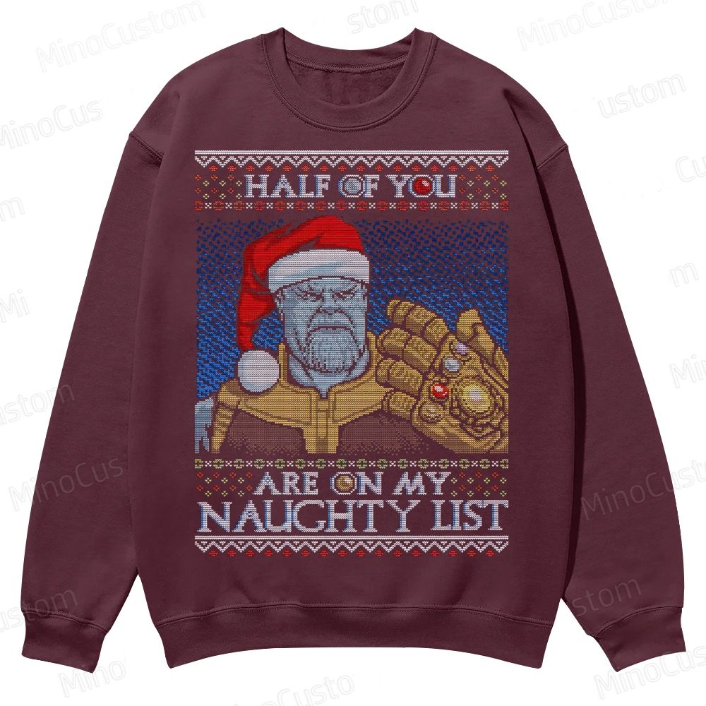 Infinity Gauntlet Holiday Graphic with Naughty List Quote Casual Crewneck Sweatshirt 