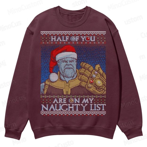 Infinity Gauntlet Holiday Graphic with Naughty List Quote Casual Crewneck Sweatshirt 